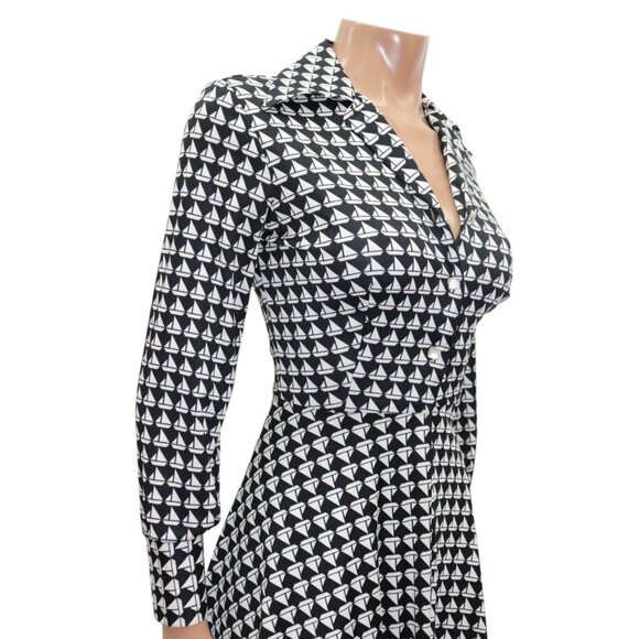 Vintage LANVIN Black & White Sailboat Print Shirt Dress Small - Picture 3 of 8